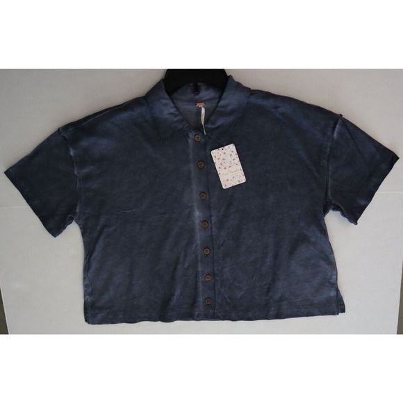 Free People OB1089303 Womens Sz S Navy Weekend Rush Button Down Collared Top - Picture 5 of 7